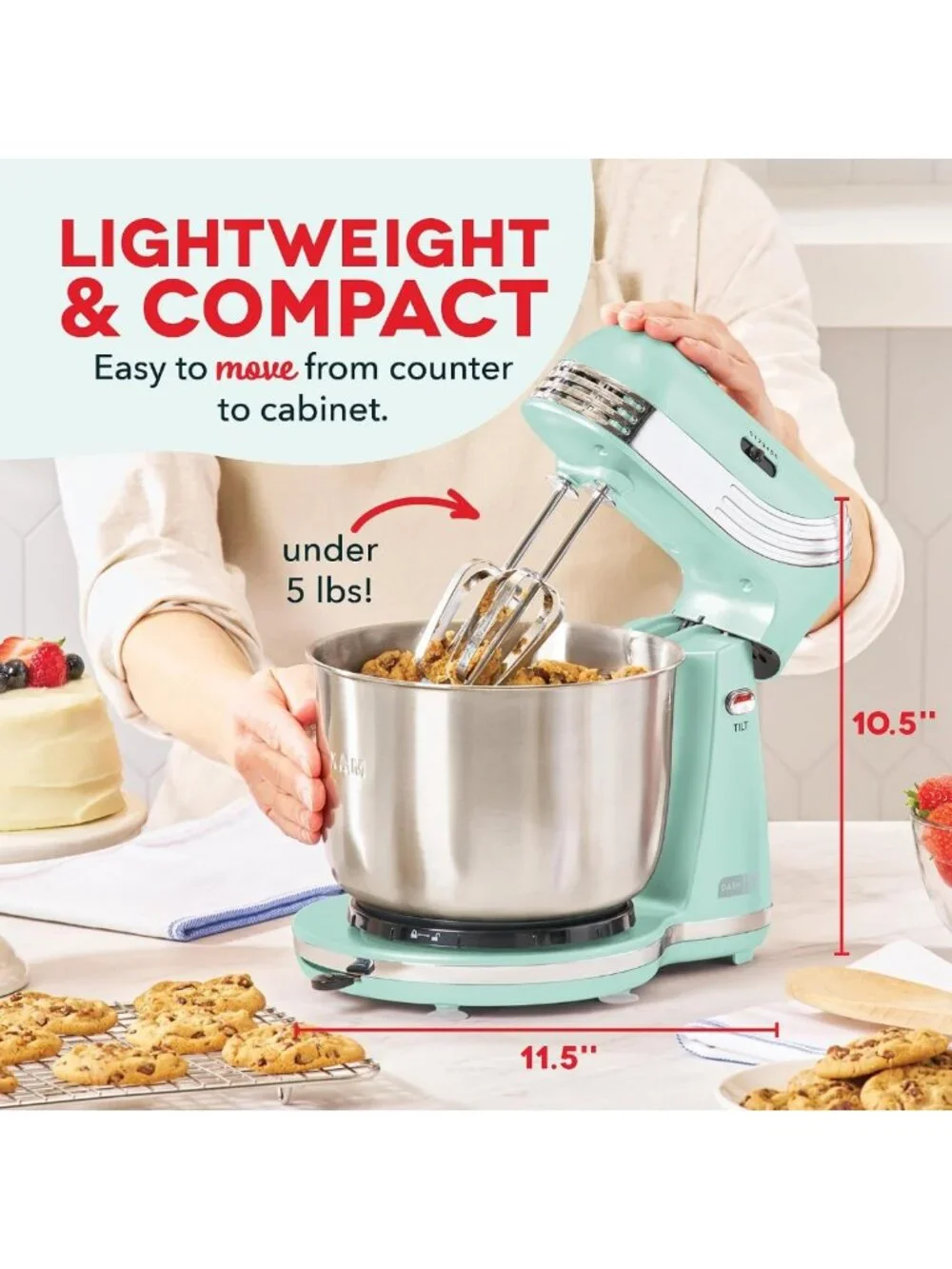 Compact Tilt-Head Stand Mixer - 6-Speed Power, Stainless Steel Bowl, Aqua